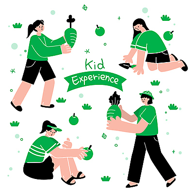 전신 응시 여자 남자 어린이 채소 일러스트 들기 앉기 소녀 소년 여러명 초록색 수확 체험학습 사과 모종삽 농촌체험 어린이만 국내일러스트 AI파일 시선 컬러 다수 농업 과일 모션 사람 체험 삽 파일형식 벡터
