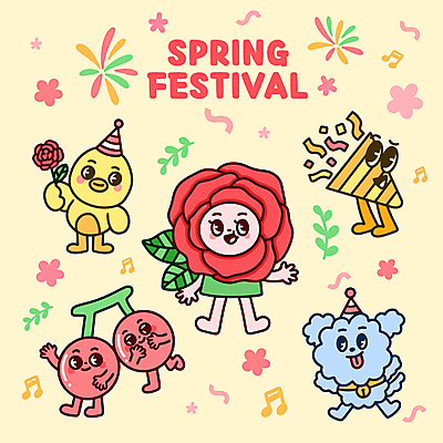 캐릭터 일러스트 조류 팔벌리기 폭죽 들기 사람없음 장미 노란색 축제 봄 고깔모자 체리 강아지 손인사 팡파레 월간캐릭터 일러캐릭터 AI파일 동물 모자_잡화 계절 꽃 컬러 과일 모션 반려동물 인사 개 파일형식 벡터