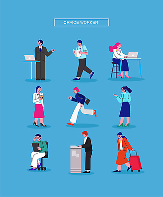 전신 여자 남자 커피 일러스트 비즈니스 서기 들기 앉기 정장 손짓 여러명 성인 노트북 태블릿 달리기 걷기 캐리어 가리킴 업무 직장인 발표 인쇄 인쇄기 문서 출퇴근 서류파일 성인만 월간캐릭터 일러캐릭터 AI파일 직업 캐릭터 옷 음료 다수 모션 사람 전자제품 스마트기기 여행가방 사무용품 작업 파일형식 벡터