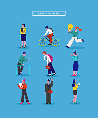 전신 여자 남자 일러스트 비즈니스 전구 피곤 말하기 손잡이 서기 들기 정장 손짓 여러명 성인 노트북 펜 걷기 자전거 머그컵 잡기 업무 직장인 승차 책상 문서 출퇴근 서류파일 성인만 월간캐릭터 일러캐릭터 AI파일 직업 캐릭터 옷 가구 다수 컨셉 모션 사람 컵 전자제품 필기구 사무용품 바이크 작업 파일형식 벡터