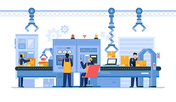 전신 여자 남자 일러스트 공장 서기 앉기 여러명 성인 파란색 상자 기계 기록 잡기 작업 직원 택배 시스템 택배상자 검수 생산라인 차트보드 컨베어밸트 성인만 방역복 국내일러스트 AI파일 옷 컬러 다수 공업 모션 사람 운송업 방역 파일형식 벡터