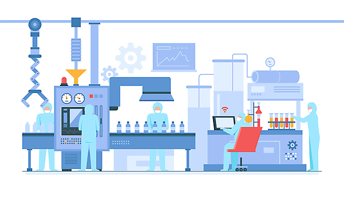 전신 일러스트 공장 서기 앉기 여러명 성인 파란색 약 스크린 기계 제조 약병 직원 시스템 검수 생산라인 작동 성인만 방역복 국내일러스트 AI파일 옷 컬러 다수 공업 의학 모션 사람 방역 병_담는 파일형식 벡터