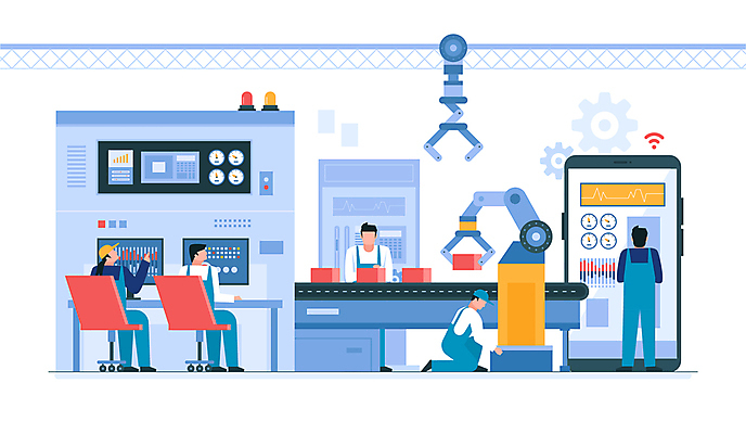 전신 여자 남자 일러스트 공장 서기 앉기 여러명 성인 파란색 스마트폰 상자 모니터 기계 무릎꿇기 직원 시스템 생산라인 작동 컨베어밸트 성인만 방역복 국내일러스트 AI파일 옷 컬러 다수 공업 모션 사람 핸드폰 스마트기기 컴퓨터 방역 파일형식 벡터