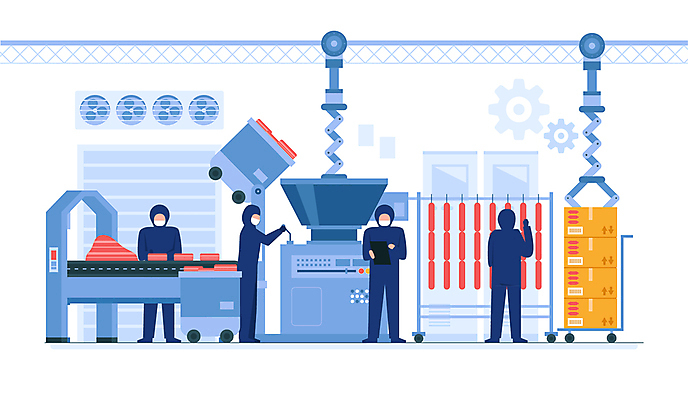 전신 일러스트 공장 육류 여러명 성인 파란색 상자 기계 기록 소시지 가공식품 직원 시스템 생산라인 작동 차트보드 성인만 방역복 국내일러스트 AI파일 옷 컬러 다수 식재료 공업 사람 방역 파일형식 벡터