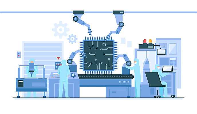 전신 일러스트 공장 서기 앉기 여러명 성인 파란색 기계 제조 스마트 직원 확인 반도체 시스템 반도체산업 반도체칩 생산라인 자동화 작동 성인만 국내일러스트 AI파일 산업 컬러 다수 컨셉 공업 모션 사람 메모리칩 파일형식 벡터