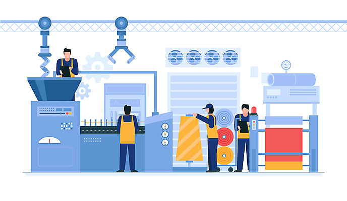 전신 여자 남자 일러스트 공장 들기 여러명 성인 파란색 기계 기록 천 직원 시스템 생산라인 작동 차트보드 성인만 방역복 국내일러스트 AI파일 옷 컬러 다수 공업 모션 사람 직물 방역 파일형식 벡터