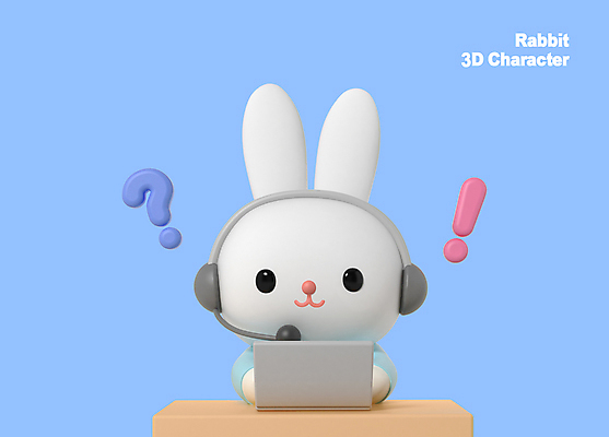 PSD 편집이미지 하늘색 3D캐릭터 사람없음 노트북 3D 헤드폰 물음표 토끼 느낌표 상담원 상담 텔레마케팅 아르바이트 월간캐릭터 편집3D 캐릭터 기호 음향기기 포유류 파란색 전자제품 반려동물 사무원 서비스업 디지털합성 파일형식