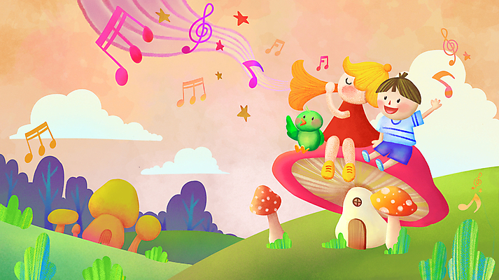 전신 PSD 구름 여자 남자 어린이 연주 음표 일러스트 노래 조류 하늘 앉기 소녀 소년 두명 손들기 주황색 버섯 나팔 언덕 버섯집 어린이만 동심 국내일러스트 자연요소 동물 기호 악기 음악 컬러 모션 주택 사람 파일형식