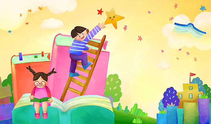 전신 PSD 구름 여자 남자 별 어린이 일러스트 사다리 학교 하늘 앉기 소녀 소년 두명 책 독서 노란색 오르기 어린이만 동심 국내일러스트 자연요소 교육 컬러 모션 사람 도구 파일형식