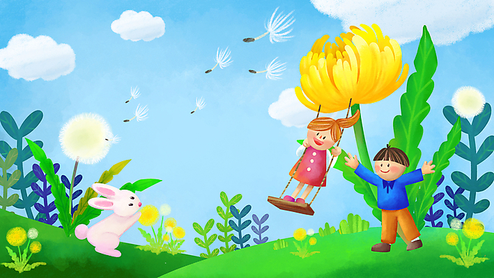 전신 PSD 구름 여자 남자 어린이 일러스트 하늘 소녀 소년 두명 만세 토끼 민들레 언덕 그네 민들레홀씨 그네타기 어린이만 동심 국내일러스트 자연요소 꽃 포유류 모션 놀이 사람 반려동물 파일형식