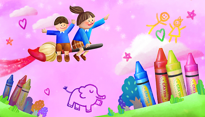 전신 PSD 나무 구름 여자 남자 어린이 분홍색 일러스트 하늘 소녀 소년 두명 만세 가리킴 붓 낙서 승차 언덕 크레파스 어린이만 동심 국내일러스트 자연요소 식물 컬러 모션 학용품 사람 손짓 파일형식