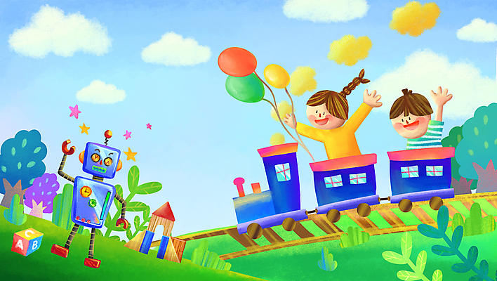 PSD 구름 여자 남자 어린이 일러스트 하늘 소녀 소년 상반신 두명 장난감 손들기 기찻길 만세 기차 승차 로봇 언덕 풍선 기차모형 어린이만 동심 국내일러스트 자연요소 육상교통 모션 대중교통 사람 모형 파일형식