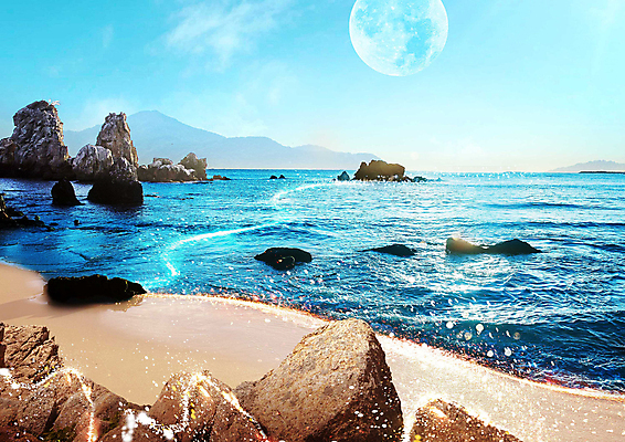 PSD 편집이미지 물결 자연 하늘 풍경 해변 사람없음 파란색 빛 달 바위 몽환 이미지편집 자연요소 바다 컬러 컨셉 돌_바위 생태계 파일형식
