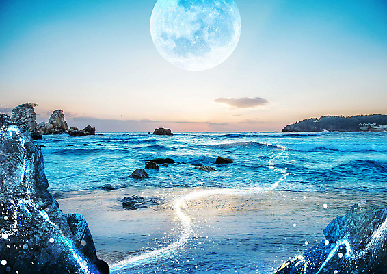 PSD 편집이미지 물결 자연 하늘 풍경 해변 사람없음 파란색 빛 달 바위 몽환 이미지편집 자연요소 바다 컬러 컨셉 돌_바위 생태계 파일형식