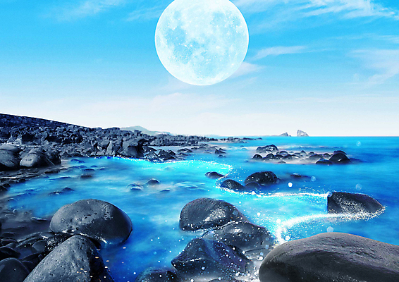 PSD 편집이미지 물결 자연 하늘 풍경 해변 사람없음 파란색 빛 달 돌_바위 바위 몽환 이미지편집 자연요소 바다 컬러 컨셉 생태계 파일형식