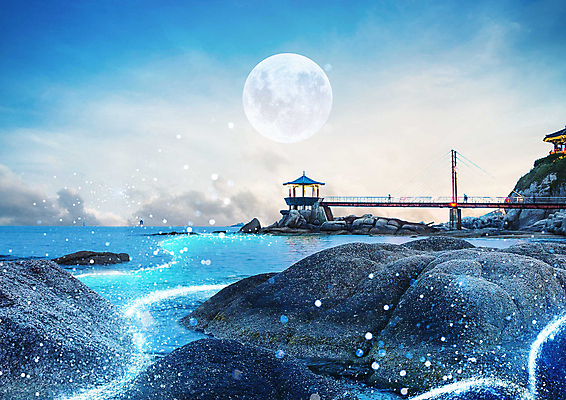 PSD 편집이미지 물결 자연 하늘 풍경 해변 사람없음 파란색 빛 달 바위 정자 가교 몽환 이미지편집 자연요소 건축물 바다 컬러 컨셉 돌_바위 생태계 파일형식