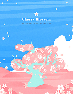 꽃잎 분홍색 일러스트 사람없음 파란색 봄 벚꽃 벚나무 국내일러스트 AI파일 나무 계절 꽃 컬러 파일형식 벡터