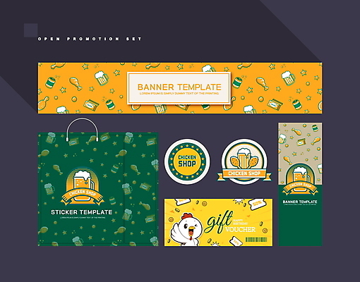 템플릿 캐릭터 배너 배너템플릿 맥주 사람없음 초록색 세트 쇼핑백 노란색 라벨 현수막 닭 상품권 쿠폰 바코드 맥주잔 오픈행사 치킨집 할인쿠폰 치맥 AI파일 컬러 술잔 가방 조류 프레임 주류 상점 치킨 오픈 파일형식 벡터