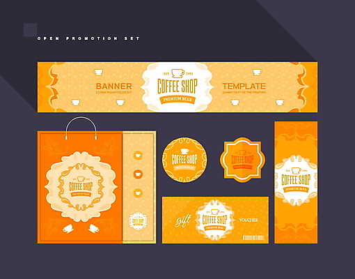 템플릿 배너 배너템플릿 커피 사람없음 세트 쇼핑백 라벨 주황색 카페 현수막 오픈 커피잔 상품권 쿠폰 바코드 오픈행사 할인쿠폰 AI파일 음료 컬러 가방 잔 프레임 상점 파일형식 벡터