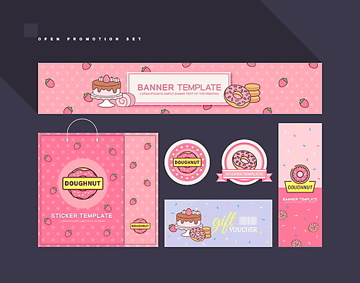 템플릿 배너 배너템플릿 분홍색 딸기 사람없음 세트 쇼핑백 라벨 케이크 현수막 오픈 도넛 상품권 쿠폰 바코드 연보라색 오픈행사 할인쿠폰 디저트카페 AI파일 컬러 가방 과일 디저트 프레임 보라색 카페 파일형식 벡터