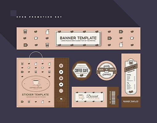 템플릿 배너 배너템플릿 커피 분홍색 사람없음 세트 쇼핑백 갈색 라벨 카페 원두 현수막 오픈 커피잔 상품권 쿠폰 바코드 메뉴판 오픈행사 AI파일 음료 컬러 가방 잔 프레임 상점 파일형식 벡터