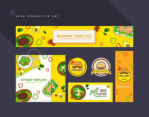 템플릿 배너 배너템플릿 파프리카 서양음식 스테이크 사람없음 세트 쇼핑백 노란색 라벨 레스토랑 샐러드 현수막 오픈 브로콜리 상품권 쿠폰 바코드 아보카도 오픈행사 할인쿠폰 AI파일 음식 컬러 채소 가방 과일 프레임 식당 파일형식 벡터