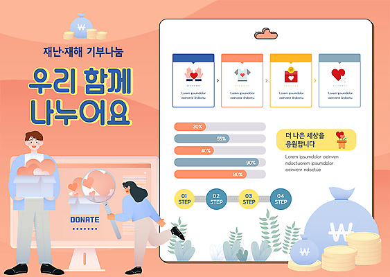 전신 템플릿 여자 남자 포스터 돋보기 들기 성인 두명 상자 하트 돈자루 자연재해 나눔 기부 동전탑 성인만 포스터템플릿 코랄 구호활동 이미지템플릿 AI파일 모양 컬러 돈 모션 사람 쌓기 동전 재해 파일형식 벡터