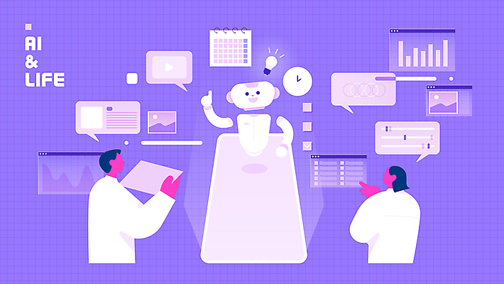 여자 남자 일러스트 그래프 기술 실험 상반신 성인 두명 스마트폰 학습 보라색 질문 로봇 개발 성인만 채팅봇 AI_인공지능 국내일러스트 AI파일 교육 컬러 사람 핸드폰 스마트기기 파일형식 벡터