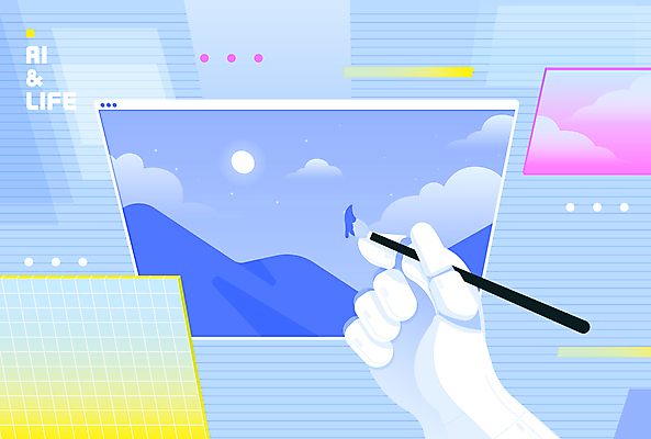 하늘색 일러스트 그래프 기술 들기 사람없음 그래픽 붓 그리기 로봇 그림 이미지 로봇팔 AI_인공지능 국내일러스트 AI파일 모션 파란색 파일형식 벡터