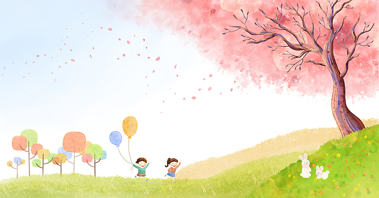 PSD 여자 남자 꽃잎 어린이 백그라운드 두마리 일러스트 수채화 풍경 소녀 소년 두명 달리기 봄 벚꽃 토끼 잡기 벚나무 언덕 풍선 어린이만 국내일러스트 나무 계절 꽃 2 포유류 모션 사람 반려동물 파일형식