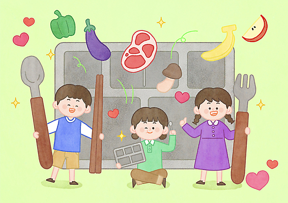 전신 PSD 여자 남자 어린이 일러스트 가지 파프리카 바나나 수저 건강 육류 윙크 서기 미소 들기 앉기 소녀 소년 세명 버섯 사과 식판 급식 식습관 어린이만 국내일러스트 식기 채소 과일 식재료 모션 표정 사람 파일형식