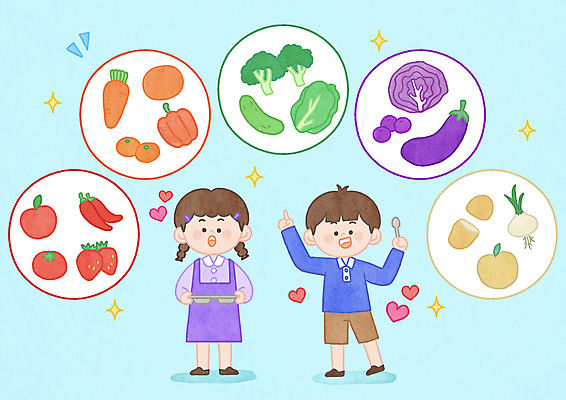 전신 PSD 여자 남자 어린이 토마토 오렌지 일러스트 고추 딸기 가지 양파 오이 귤 파프리카 건강 들기 소녀 소년 두명 숟가락 당근 가리킴 배 사과 상추 브로콜리 무 블루베리 컬러푸드 식판 적채 급식 식습관 어린이만 국내일러스트 채소 과일 모션 뿌리채소 수저 사람 손짓 양배추 파일형식