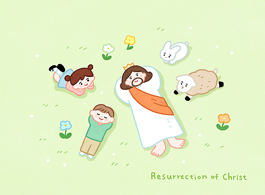 전신 PSD 캐릭터 여자 남자 꽃 어린이 엎드리기 십자가 일러스트 부활절 소녀 소년 초원 성인 세명 연두색 눕기 턱괴기 토끼 양 예수 일러캐릭터 식물 기념일 포유류 모션 사람 초록색 반려동물 신_종교 파일형식