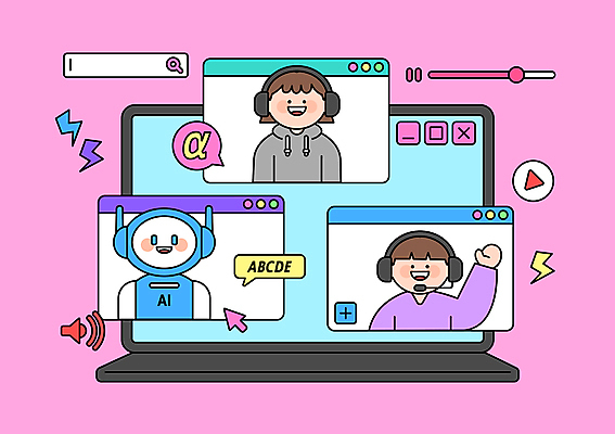 여자 남자 어린이 분홍색 일러스트 소녀 소년 상반신 두명 노트북 손들기 디지털 헤드셋 로봇 화상통화 어린이만 채팅봇 알파세대 AI_인공지능 국내일러스트 AI파일 컬러 음향기기 모션 사람 전자제품 헤드폰 통화 세대 파일형식 벡터