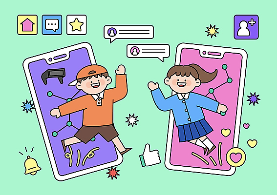 전신 여자 남자 어린이 일러스트 소녀 소년 두명 스마트폰 손들기 디지털 민트색 채팅 어린이만 메타버스 알파세대 국내일러스트 AI파일 컬러 모션 사람 핸드폰 스마트기기 세대 파일형식 벡터