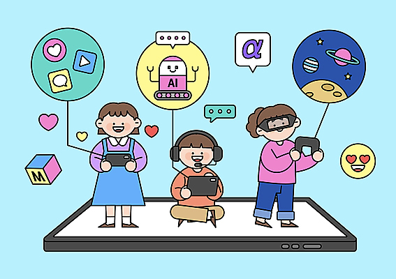 전신 여자 남자 어린이 하늘색 일러스트 들기 소녀 소년 세명 스마트폰 태블릿 디지털 헤드셋 게임기 어린이만 VR기기 알파세대 AI_인공지능 국내일러스트 AI파일 음향기기 모션 사람 파란색 전자제품 핸드폰 스마트기기 헤드폰 기계 세대 가상현실 파일형식 벡터