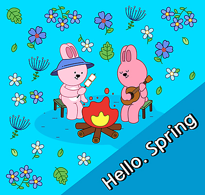 캐릭터 꽃 하늘색 연주 패턴 일러스트 봄꽃 들기 앉기 사람없음 봄 캠핑 기타 토끼 모닥불 마시멜로우 캠핑의자 스모어 일러캐릭터 AI파일 식물 계절 음악 음식 무늬 의자 포유류 모션 불 현악기 레저 디저트 캠핑도구 파란색 반려동물 파일형식 벡터