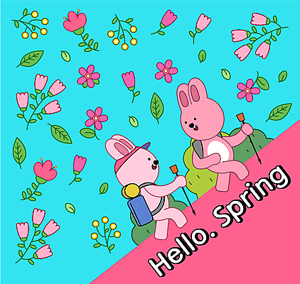 캐릭터 꽃 분홍색 하늘색 패턴 일러스트 봄꽃 들기 사람없음 걷기 봄 등산 하이킹 토끼 등산스틱 일러캐릭터 AI파일 식물 계절 컬러 무늬 포유류 모션 레저 파란색 반려동물 트래킹 등산용품 파일형식 벡터