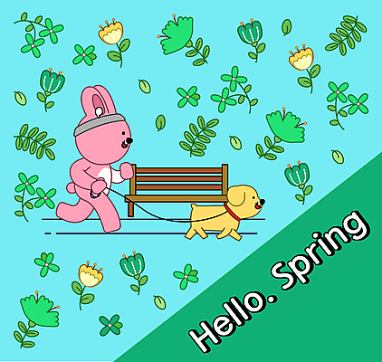 캐릭터 꽃 하늘색 패턴 벤치 일러스트 봄꽃 사람없음 초록색 조깅 운동 봄 산책 토끼 잡기 머리띠 개 목줄 일러캐릭터 AI파일 식물 계절 컬러 무늬 의자 장신구 포유류 모션 휴식 건강 파란색 반려동물 파일형식 벡터 반려용품