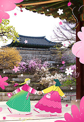 전신 외국인 여자 꽃 여행 일러스트 성인 두명 여행객 걷기 손잡기 궁전 한복 국내여행 성인여자만 국내일러스트 AI파일 식물 한국전통 고건축 모션 사람 인종 전통의상 여자만 성인만 파일형식 벡터