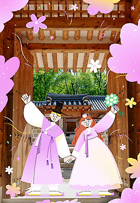 전신 외국인 여자 남자 꽃다발 여행 포즈 일러스트 들기 성인 두명 손들기 여행객 손잡기 궁전 한복 대문 국내여행 성인만 국내일러스트 AI파일 한국전통 꽃 고건축 모션 사람 인종 문 전통의상 파일형식 벡터