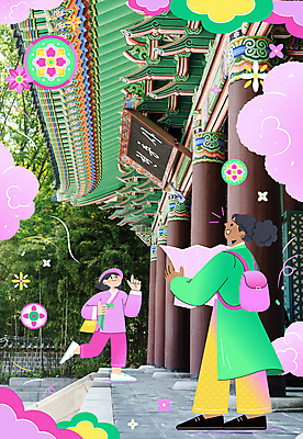 외국인 여자 여행 지도 일러스트 들기 성인 두명 전통문양 여행객 궁전 가리킴 한복 국내여행 현충사 성인여자만 국내일러스트 AI파일 한국전통 전통 문양 고건축 모션 사람 인종 손짓 전통의상 여자만 성인만 파일형식 벡터 아산