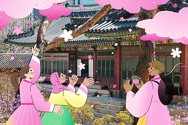 외국인 여자 남자 꽃 여행 일러스트 들기 상반신 성인 세명 손들기 여행객 카메라 사진촬영 궁전 가리킴 한복 국내여행 성인만 국내일러스트 AI파일 식물 한국전통 고건축 모션 사람 인종 손짓 전자제품 촬영 전통의상 파일형식 벡터