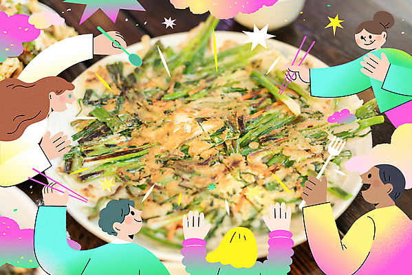 외국인 여자 남자 한식 여행 포크 일러스트 한국 수저 들기 여러명 상반신 성인 컬러풀 손들기 여행객 국내여행 파전 성인만 국내일러스트 AI파일 식기 아시아 음식 컬러 다수 모션 사람 인종 부침개 파일형식 벡터