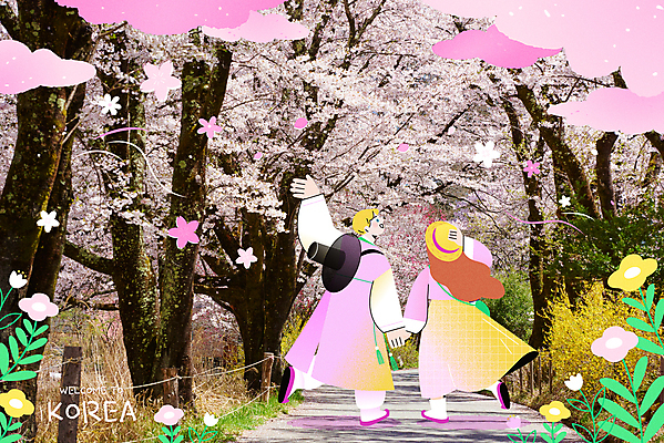 전신 외국인 여자 남자 여행 일러스트 성인 두명 손들기 여행객 걷기 손잡기 봄 산책 한복 국내여행 꽃길 성인만 국내일러스트 AI파일 한국전통 계절 길 모션 휴식 사람 인종 전통의상 파일형식 벡터