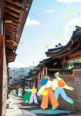 전신 PSD 외국인 여자 남자 어린이 여행 일러스트 기와집 소녀 여러명 성인 여행객 걷기 팔짱 셀프카메라 한옥마을 국내여행 북촌 국내일러스트 다수 모션 한옥 서울 사람 인종 마을 사진촬영 파일형식