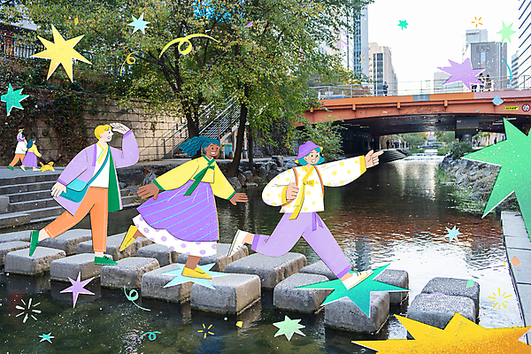 전신 PSD 외국인 여자 남자 여행 일러스트 서울 여러명 성인 여행객 걷기 가리킴 한복 청계천 국내여행 징검다리 성인만 국내일러스트 한국전통 다수 모션 한국 사람 인종 손짓 강 다리_건축물 전통의상 랜드마크 파일형식