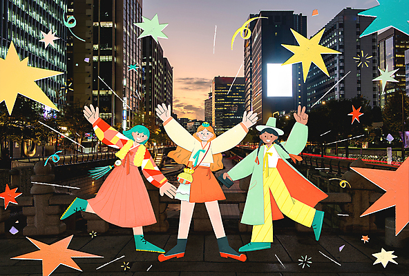 전신 PSD 외국인 여자 여행 포즈 일러스트 서울 성인 세명 손들기 여행객 만세 개량한복 국내여행 성인여자만 힙스터 국내일러스트 패션 모션 한국 사람 인종 한복 여자만 성인만 파일형식