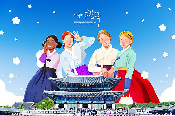 PSD 외국인 여자 여행 포즈 일러스트 여러명 상반신 성인 친구 여행객 한복 경복궁 국내여행 성인여자만 국내일러스트 한국전통 다수 관계 한국 사람 인종 궁전 전통의상 여자만 성인만 파일형식