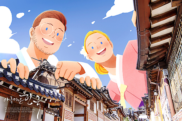 PSD 외국인 커플 여자 남자 여행 일러스트 지붕 기와집 상반신 성인 두명 여행객 가리킴 한복 한옥마을 국내여행 성인만 내려보기 국내일러스트 한국전통 관계 모션 한옥 사람 인종 손짓 마을 전통의상 파일형식